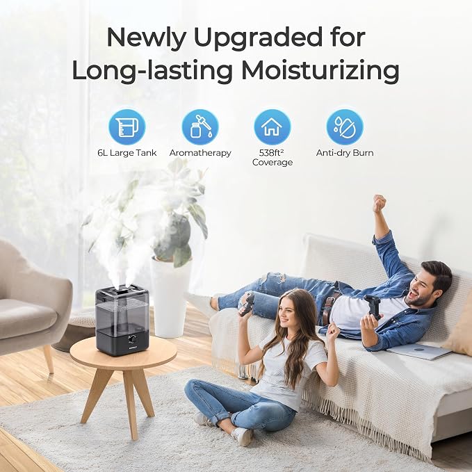 CHIVALZ Humidifiers for Bedroom, 6L Cool Mist Humidifiers for Baby Nursery, 26dB Quiet, 50H Runtime, Top Fill Humidifier for Large Room, Home, Plants, Nightlight, Oil Diffuser 1 Pack Black - Image 2