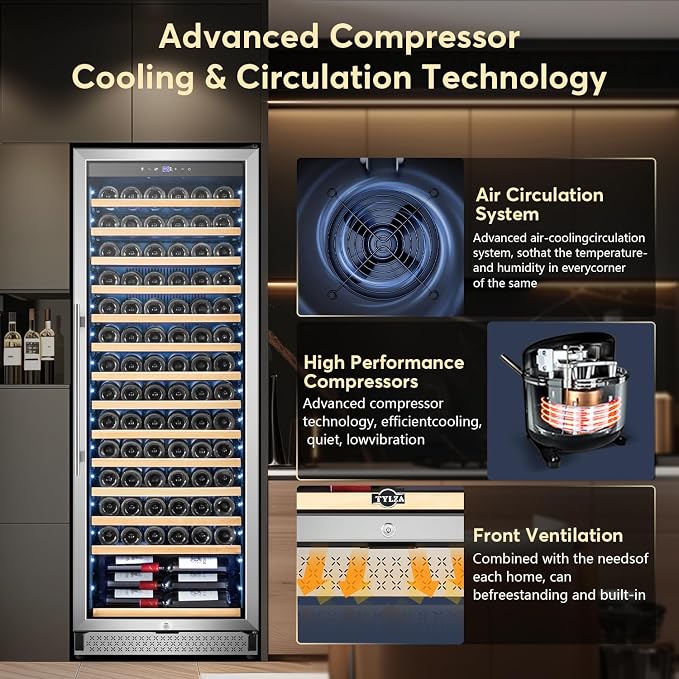 24" Wine Cooler 154-Bottle Compressor Quiet Cool | Fast cooling, low noise, smart temp memory, built-in/freestanding, fan even cooling - Image 3