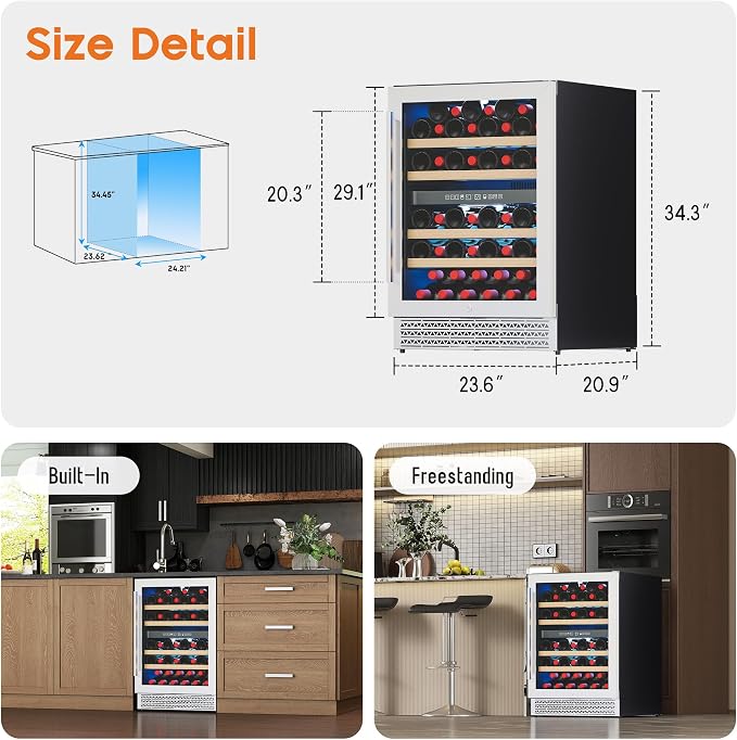 Albott 24 Inch Wine Fridge, Dual Zone 49 Bottle Wine Cooler | Includes Digital Temperature Control, Reversible Double-Layer Glass Door, Built-in or Freestanding Design, 41–68℉ - Image 7