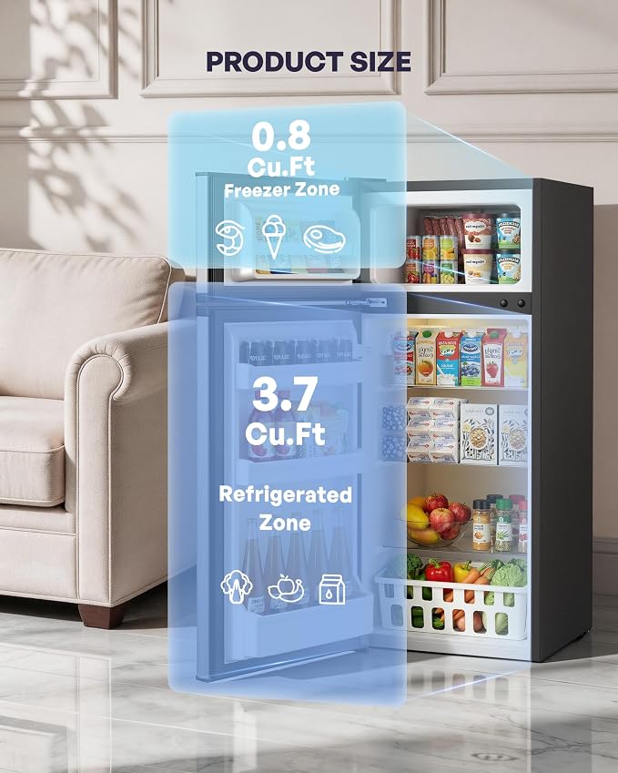 4.5 Cu.Ft Mini Fridge with Freezer, 2 Doors Small Fridge with Adjustable Thermostat & Removable Glass Shelves, Small Refrigerator for Kitchen Office Dorm, Quiet Operation, Silver - Image 2