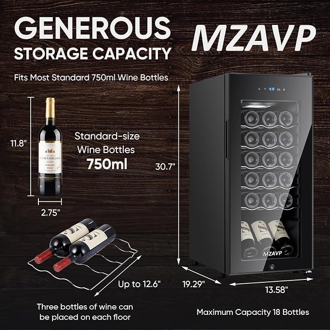 Mini Wine Fridge-Black, 18 Bottles Low Noise Compressor Wine Cooler, Freestanding Wine Cellar with Glass Door and Digital Temperature Control, 14 Inch Wine Refrigerator for Bar, Home & Office - Image 7