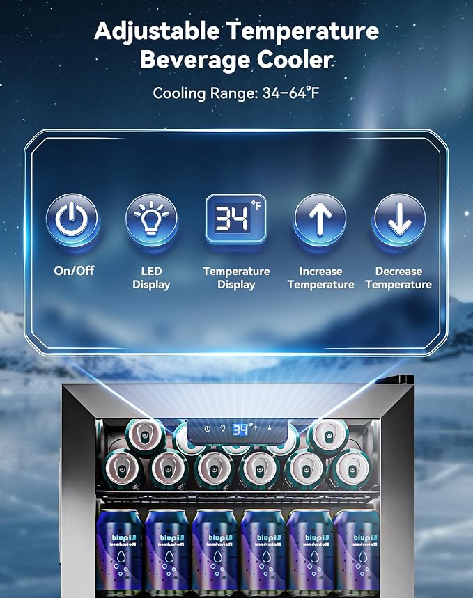 130 Can Beverage Refrigerator, Reversible Door, 3.2 Cu.Ft Drink Cooler | Glass Door, Adjustable Thermostat 34–64°F, Freestanding Beverage Fridge for Soda, Beer & Home Bar - Image 4