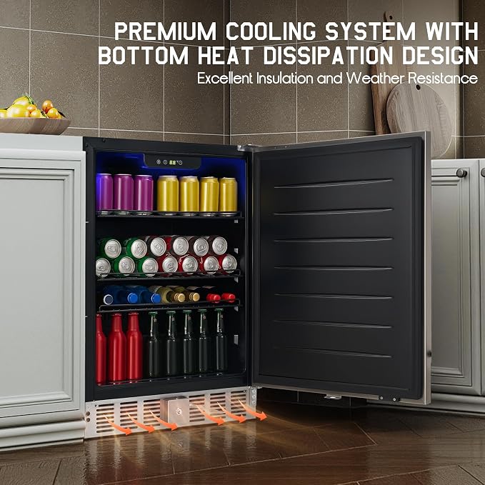 Albott 24 Inch Outdoor Beverage Fridge, 5.0 Cu.Ft Beverage Refrigerator | Holds 166 Cans, 32-50°F Drink Cooler with IPX4 Waterproof Design, Auto-Defrost, Built-In or Freestanding for Patio & Backyard - Image 4