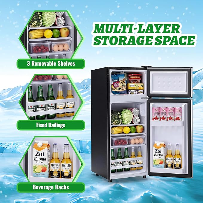 DEMULELR Small Refrigerator with Freezer 2.6 Cu.ft Dual Door Mini Fridge with 3 Removable shelves & Extra Drink Space Fridge for Office 14.77" W x 15" D x 35" H, Mini Refrigerator for Dorm, Silver - Image 8