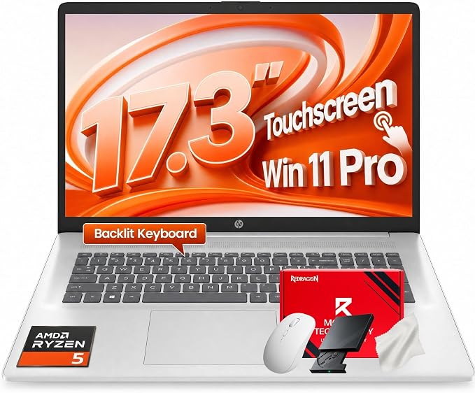 HP 17.3" HD+ Touchscreen Laptop - AMD Ryzen 5 7430U (6-Core, Up to 4.3GHz), 20GB RAM, 512GB PCIe SSD, Radeon Graphics, Windows 11 Pro, Backlit Keyboard, Wi-Fi 6, Fast Charge Business & Student PC by Unknown