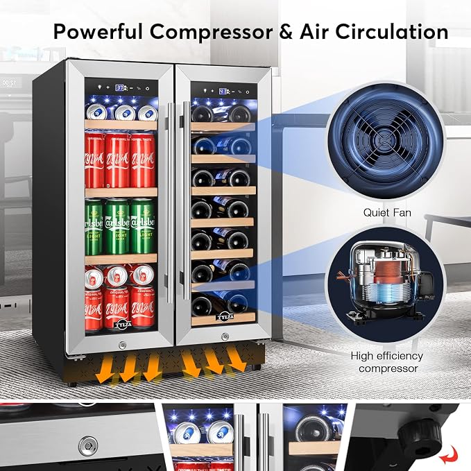 24" Dual Zone Wine and Beverage Cooler Quiet Compressor | Dual zone, quiet <38dB, fast cool, smart touch, temp memory, built-in/free, 20 wine+88 cans - Image 4