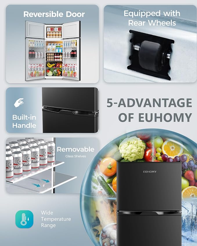 EUHOMY 7.4 Cu.Ft. Refrigerator with Freezer, 2 Door Fridge, Large Capacity, Adjustable Thermostat for Kitchen/Dorm/Apartment/Garage - Food Storage or Cooling Drinks, Black - Image 3