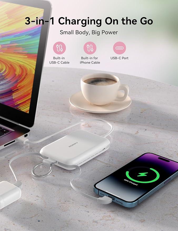 RORRY Portable Charger, 10000mAh PD 30W Fast Charging Portable Charger Power Bank with Built-in Cables, Travel Keychain Charger Battery Pack for iPhone 17/16/15/14/13/12, for AirPods 2/3/4/Pro, Black - Image 4
