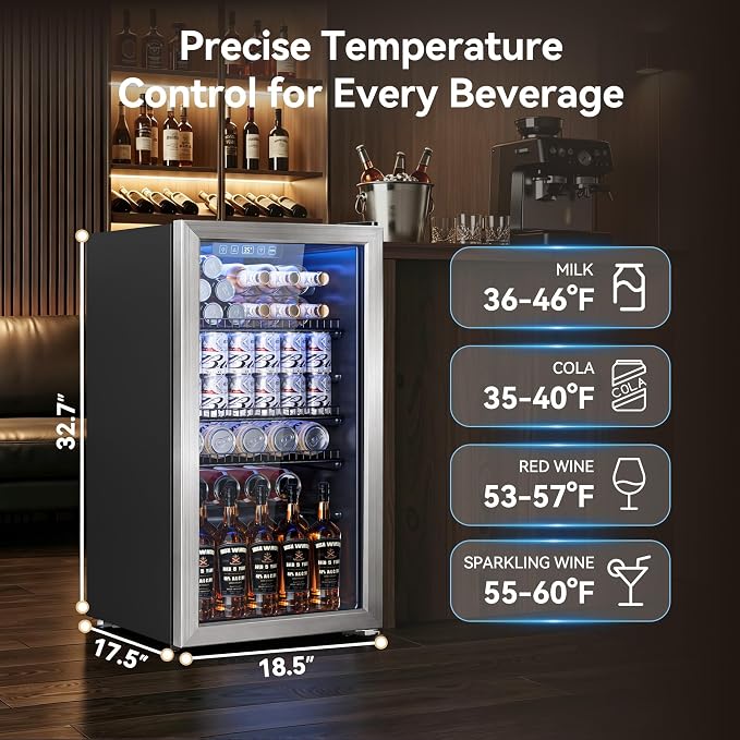 3.2 Cuft Beverage Fridge, 130 Can Mini Fridge With Glass Door, Silver | Adjustable Shelves for Wine & Beer, Digital Temp Display, Freestanding for Home & Office, Quiet Compressor Cooling - Image 2