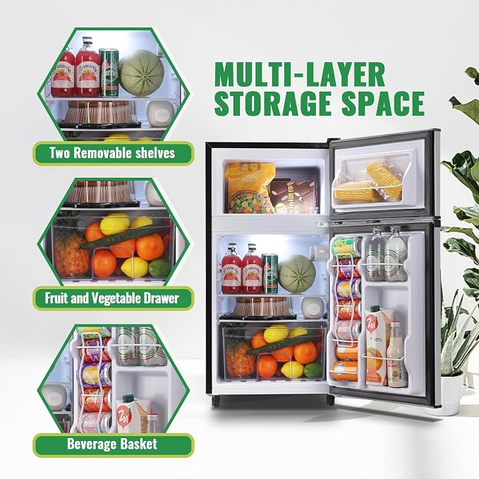 Mini Fridge with Freezer Two Doors Compact Refrigerator with 7 Setting Adjustable Thermostat Crisper Drawer & Removable Shelves Extra Drink Space Low Noise Freezer-on-Top Refrigerator, Silver - Image 6