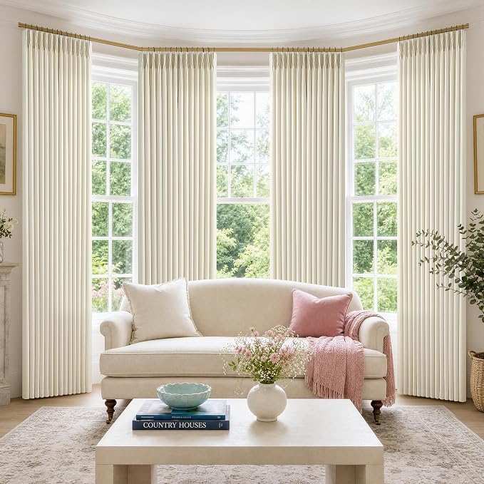 Cream Beige Pinch Pleated Linen Curtains 102 Inch 4 Panels Set by Twodrapes