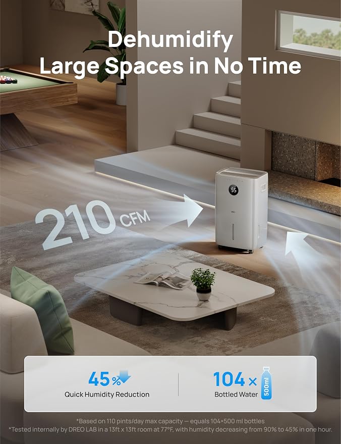 DREO 110-Pint Smart Dehumidifier for Basement, 4500 Ft² for Large Room, 2 Gallon Water Tank, Auto/Comfort/Constant Mode Dehumidifiers for Home, Bedroom, Bathroom, with Drain Hose, Starlight, 711S - Image 3