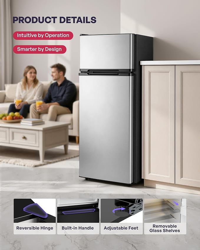 4.5 Cu.Ft Mini Fridge with Freezer, 2 Doors Small Fridge with Adjustable Thermostat & Removable Glass Shelves, Small Refrigerator for Kitchen Office Dorm, Quiet Operation, Silver - Image 4