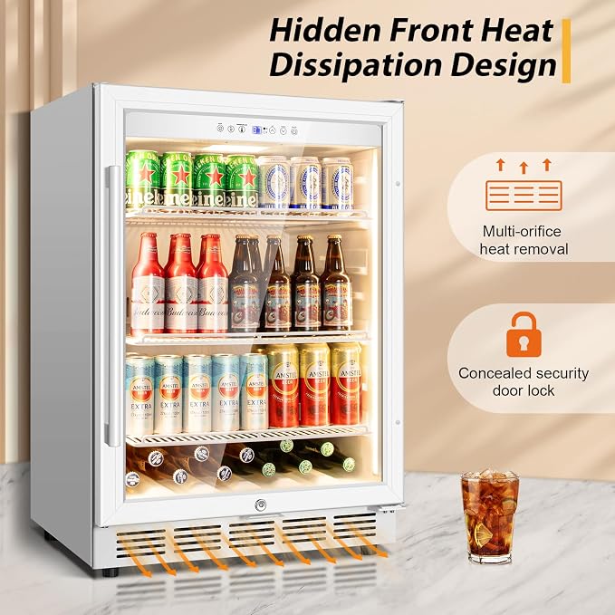 24" Beverage Refrigerator Glass Door Reversible White | Built-in/free, fast cool, <38dB, temp memory, glass+lock, 37-65°F, 190 can - Image 4