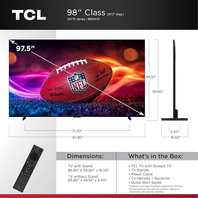 TCL 98 Inch Class QM7K Series | Mini LED QLED 4K HDR | 98QM7K, 2025 Model | 120HZ-144HZ Anti Reflective Screen Smart Google TV Dolby Atmos Onkyo Audio | Voice Remote Alexa Gaming Streaming Television - Image 2
