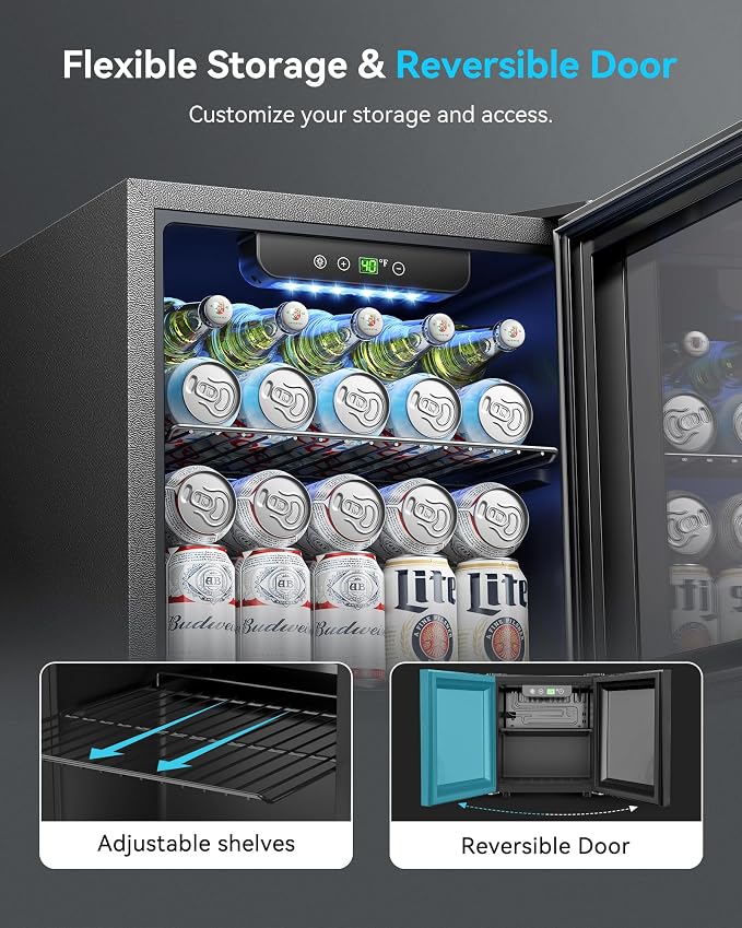 Feelfunn 50 Can Beverage Refrigerator, 1.3CuFt Mini Fridge with Glass Door | 40-61°F, ≤38dB, fast even cooling, removable shelf. For soda, beer, wine, 50 cans or 12 bottles in bedroom, office, dorm - Image 6