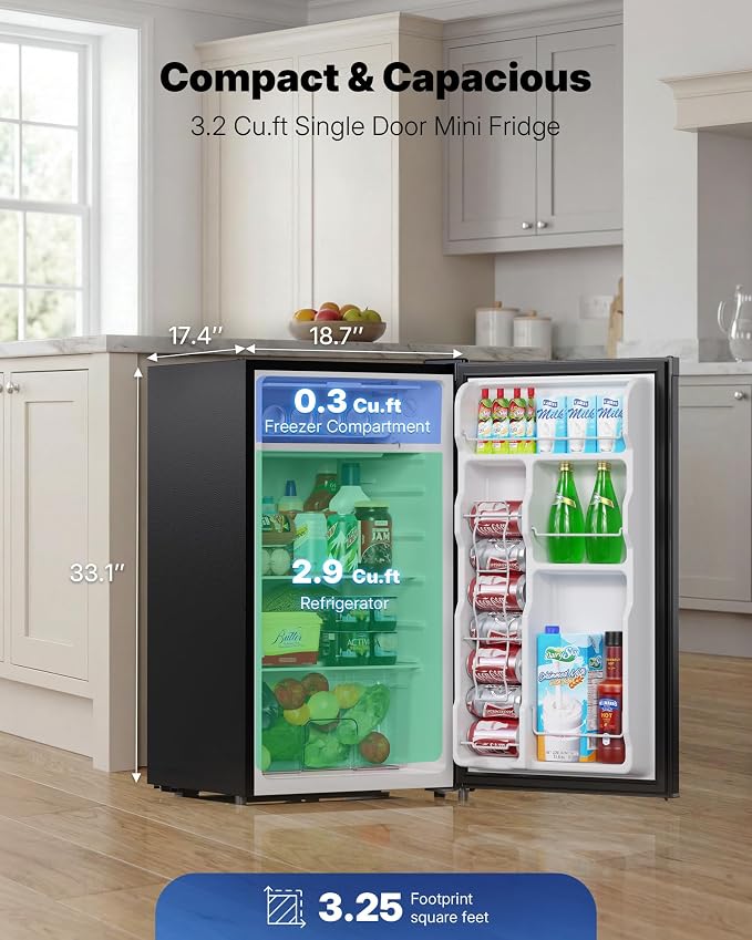 Upstreman 3.2 Cu.Ft Mini Fridge with Freezer, Black-BR321 | Adjustable Thermostat, Energy Saving, Low Noise, Reversible Door, Small Refrigerator for Dorm, Bedroom, Office - Image 2
