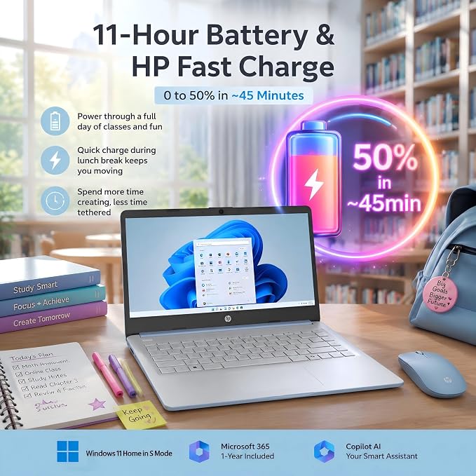 HP 14 Laptop for Students and Home Use, Intel Processor N150, 16GB RAM | 128GB UFS+256GB MSD, 14" HD Display, Wi-Fi 6, 1-Year Microsoft 365, Copilot AI Key, Lightweight, Sky Blue, W/Mouse - Image 8