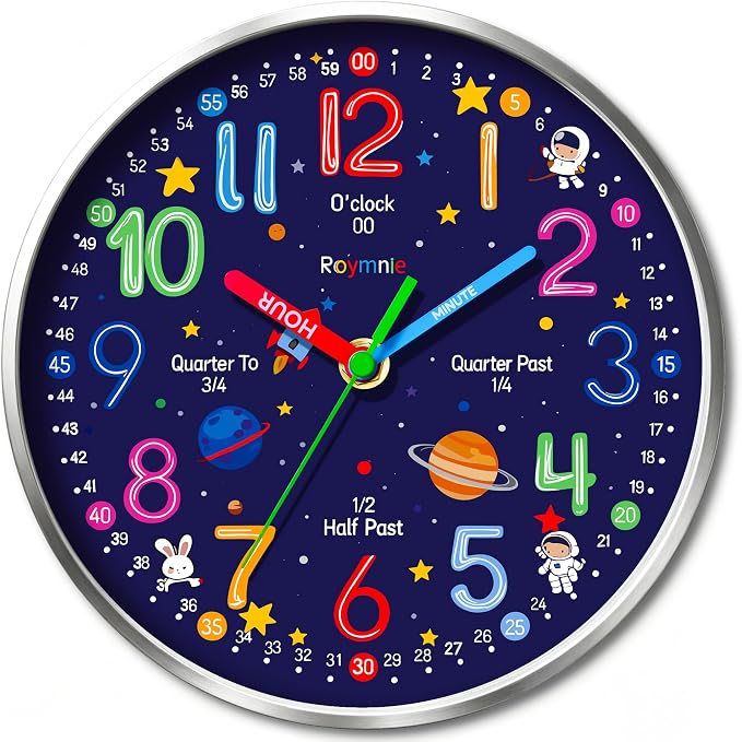 Roymnie Wall Clock Learning to Tell Time Easily Non Ticking Battery Operated by Unknown