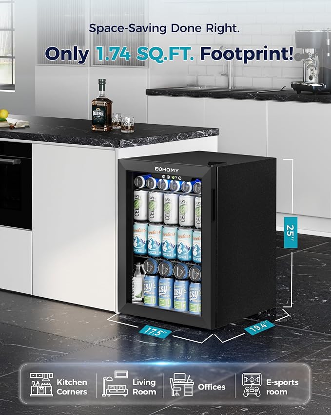 EUHOMY 100 Can Beverage Refrigerator cooler-Mini Fridge Glass Door for Beer Drinks Wines, Freestanding Beverage Fridge with Adjustable Shelves Blue LED for Home/Office/Dorm/Bar, 2.7 cu.ft - Image 3