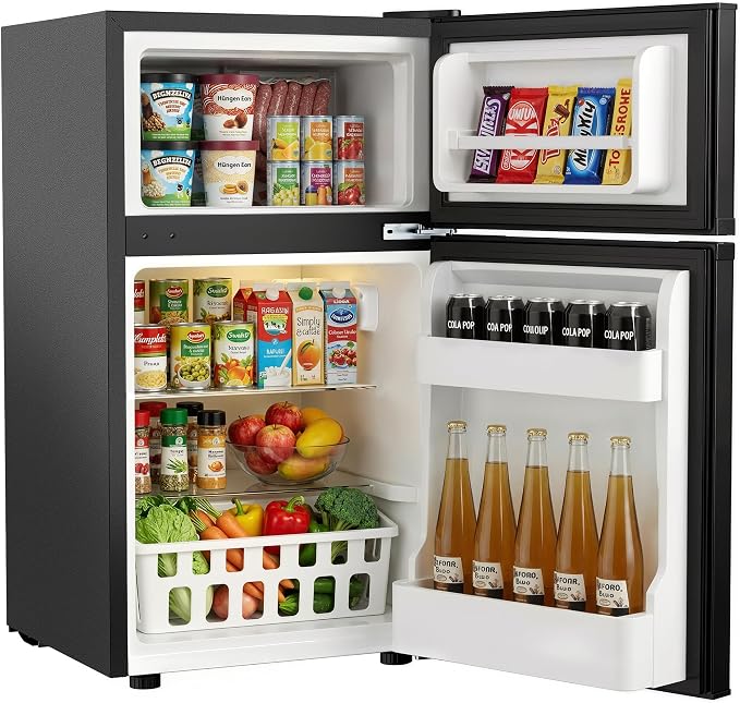 3.2 Cu.Ft Mini Fridge with Freezer, 2 Door Small Refrigerator with Adjustable Thermostat & Removable Glass Shelves, Mini Refrigerator for Dorm Office Kitchen, Black by ICYGLEE