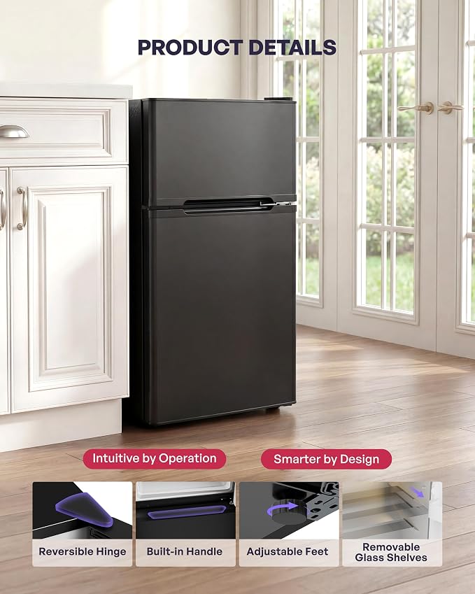 3.2 Cu.Ft Mini Fridge with Freezer, 2 Door Small Refrigerator with Adjustable Thermostat & Removable Glass Shelves, Mini Refrigerator for Dorm Office Kitchen, Black - Image 4