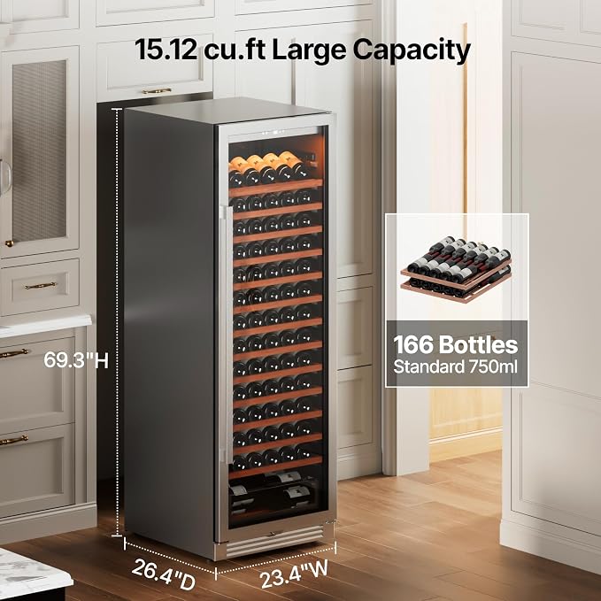 Ca'Lefort 24 Inch Wine Fridge, 166 Bottle Built-In Wine Cooler | 69-Inch Tall Wine Cellar, Quiet Inverter Compressor, 40-65°F Temperature Control, Display Shelf, Glide-Out Shelves & Drawer - Image 2