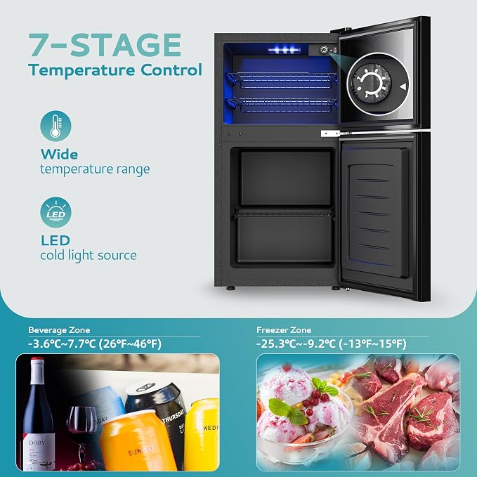 EUHOMY Double Door Mini Fridge With Freezer, Freestanding Wine Cooler Refrigerator With Reversible Door, Compact Refrigerator Temperature Control, Wine Fridge Perfect For Kitchen Home Office. - Image 5