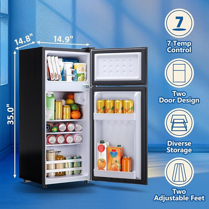 55L Capacity Black Refrigerator with Freezer Double Door Mini Fridge Small Apartment Refrigerator with 7 Adjustable Temp Control - Image 6