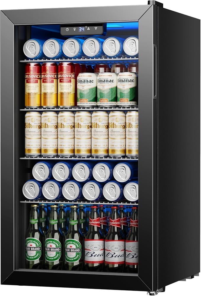 Beverage Refrigerator and Cooler, 126 Can Mini fridge with Glass Door, Beverage Cooler with Digital Temperature Display & Adjustable Shelves for Soda Beer or Wine, NEW Black, 3.2Cu.ft by ICYGLEE