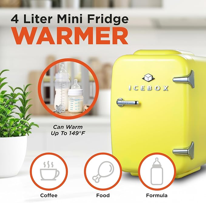 IceBox 4-Liter Mini Fridge Cooler/Warmer, IBMF4SUN, Sun Yellow | Portable Refrigerator Holds 6 Cans, Compact for Skincare, Beverages and Food, Includes 120V AC and 12V Car Adapters - Image 3