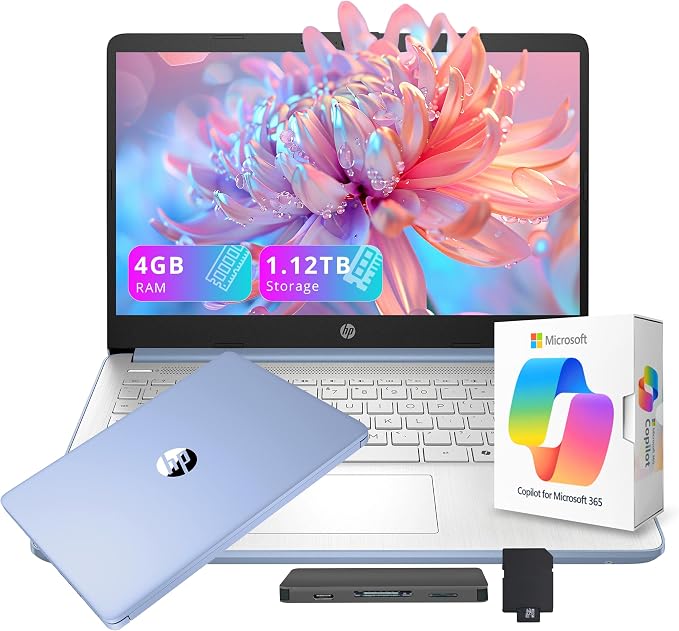 HP Stream 14" HD Laptop with AI Copilot for Student & Business, Intel Processor N150, 4GB RAM, 1.12TB Storage (128GB UFS + 1TB Docking Station), 1 Year Office 365, 720p Webcam, Win 11, Sky Blue by Unknown