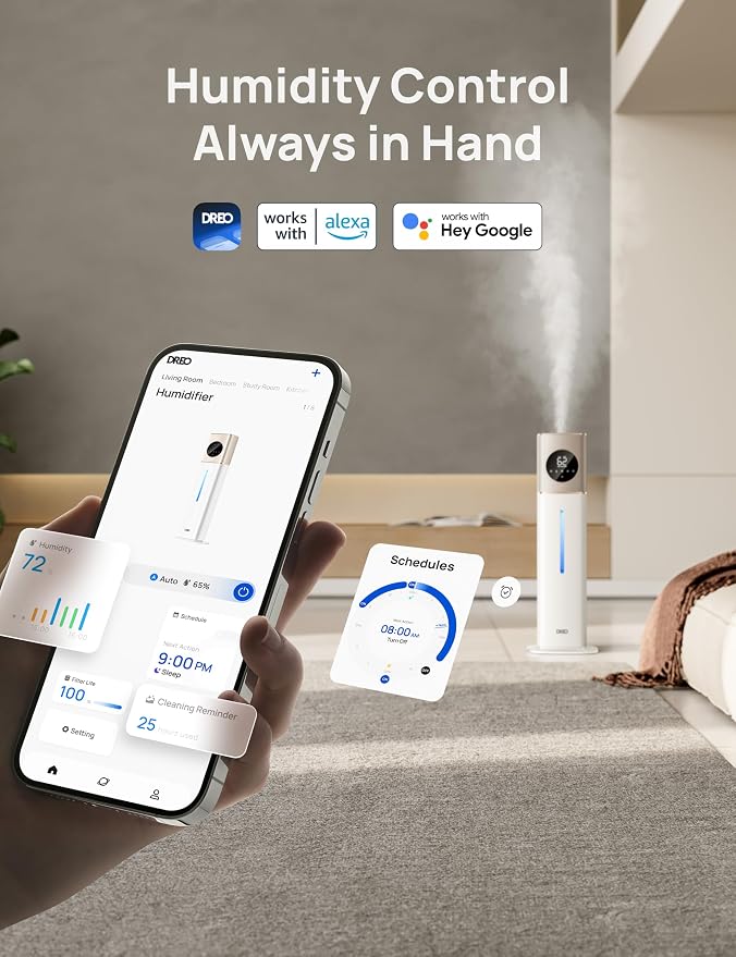 DREO HM735S 11L Smart Humidifier Large Room 700 ft², 100H Cool Mist Air Humidifiers for Bedroom, Top-Fill, Clean Tank Technology, 26dB, Auto Mode, Aroma Box, RGB, Remote & APP Control, Baby, Starlight - Image 4