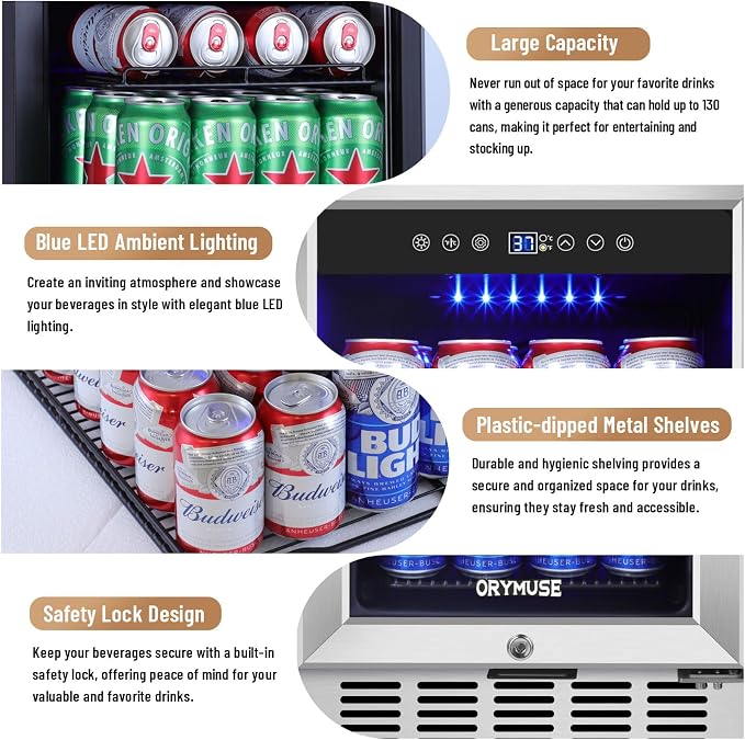 15 Inch Beverage Refrigerator, 130 Can Capacity Under Counter Fridge with Lock & Glass Door, Quiet Built-in or Freestanding Beer Cooler, Powerful Compressor for Fast Cooling - Image 6