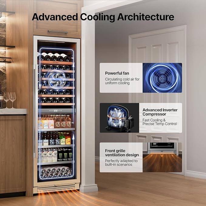 Ca'Lefort 24 Inch Dual Zone Wine & Beverage Center, 185 Can & 77 Bottle | 69-Inch Tall Wine Cellar, Quiet Inverter Compressor, 40-65°F Temperature Control, Display Shelf, Glide-Out Shelves & Drawer - Image 6