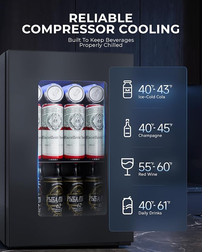 18L Beverage Refrigerator Cooler, 24-Can Mini Fridge with Glass Door | LED Light, 40–61°F Digital Temperature Control, Freestanding Drink Fridge for Soda, Beer, Bedroom, Office & Home Bar - Image 7
