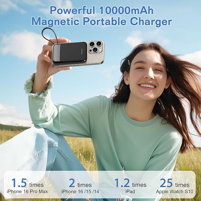 Magnetic Power Bank 10000mAh, Wireless Portable Charger with 15W Max Fast Charging & Built-in USB-C Cable, 22.5W PD LED Display Battery Pack Compatible with iPhone 17/16/15, Samsung Galaxy - Image 3