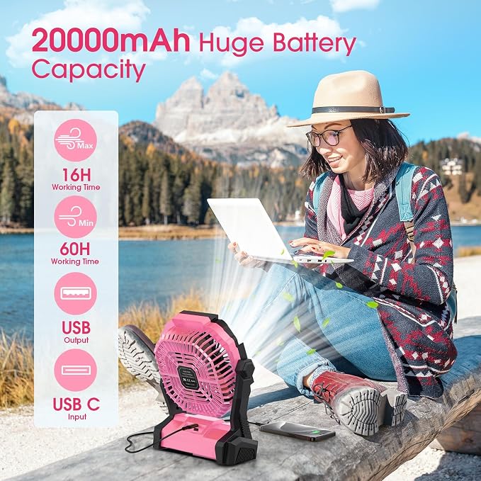 ONLYNEW Portable Fan Rechargeable, 20000mAh Cordless Battery Powered Table Fan with LED Lantern, USB C Battery Operated for Camping Tent Office Beach Desk Fishing Travel Home - Image 2