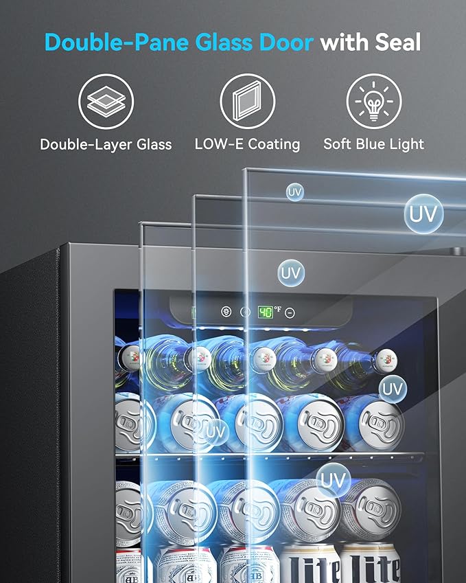 Feelfunn 50 Can Beverage Refrigerator, 1.3CuFt Mini Fridge with Glass Door | 40-61°F, ≤38dB, fast even cooling, removable shelf. For soda, beer, wine, 50 cans or 12 bottles in bedroom, office, dorm - Image 7