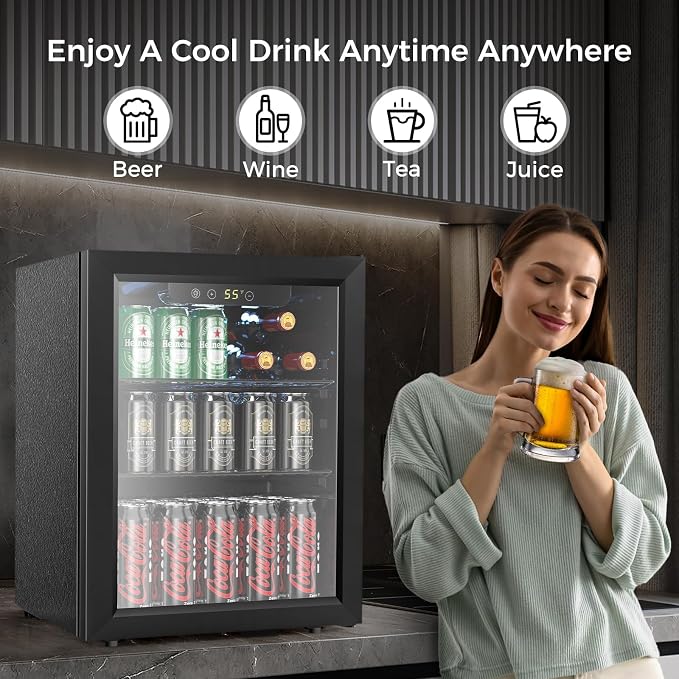 COWSAR Mini Fridge Cooler, 16 Bottle 68 Can Beverage Refrigerator with Glass Door for Wine Beer Soda, Wine Fridge with Touch Control Panel, Wire Shelving for Home Office Bar, 1.7 Cu. Ft - Image 2