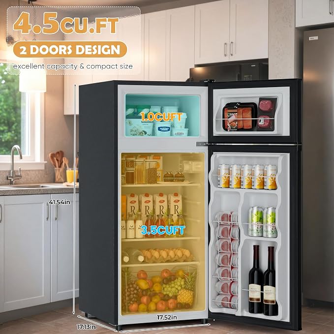 4.5 Cu.Ft Mini Fridge Freezer for Dorm/Office, 2-Door, Quiet | 4.5 cu ft mini fridge with separate freezer, quiet 38dB for sleep, 7-level thermostat, adj shelves, for dorm/office/kitchen. - Image 2