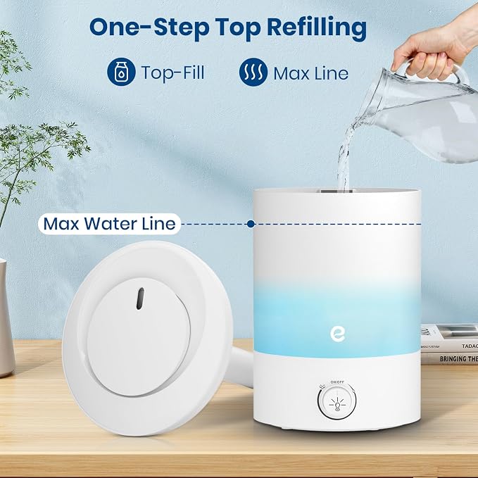 Esemoil Humidifiers for Bedroom, 2.5L Cool Mist Ultrasonic Air Humidifier with Top Fill & Quiet, 360° Nozzle, BPA Free, 25 Hour Diffuser with 8 Color Light & Auto Shut-off for Home Baby Nursery Plants - Image 6