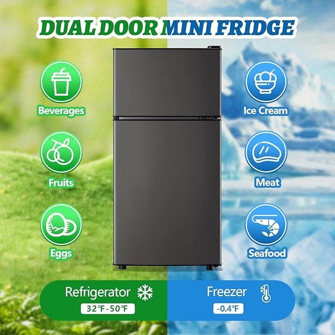 Mini Fridge with Top Freezer Apartment Size Dual Door Compact Small Refrigerator for Personal Use Small Mini Fridge with Egg tray, 7 Temperature Control For Dorm, Apatmet, Dark Grey - Image 2