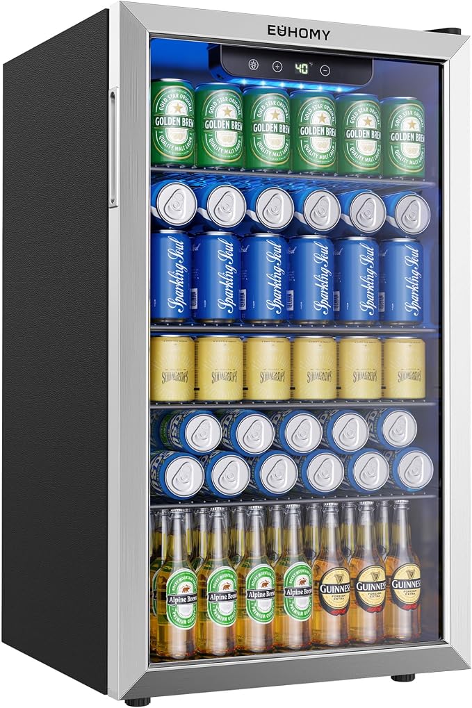 EUHOMY Mini Fridge 130 Can Beverage Refrigerator Cooler Glass Door for Soda Wine Beer, Beverage Cooler for Home, Bar, Office with Digital Temperature Control Removable Shelves, 3.2 Cu.Ft, Silver by EUHOMY