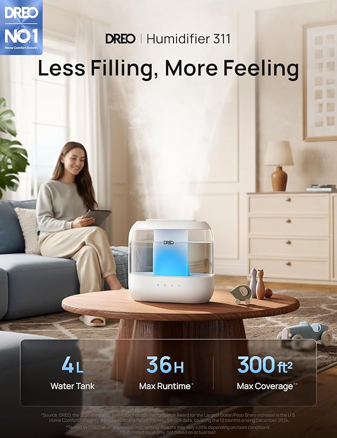 Dreo Humidifiers for Bedroom, 4L Top Fill for Large Room, 36H Runtime, 28 dB Quiet Supersized Cool Mist Air Humidifier for Baby Nursery, Plants, Indoor, Night Light, Easy to Clean & Fill, White - Image 2