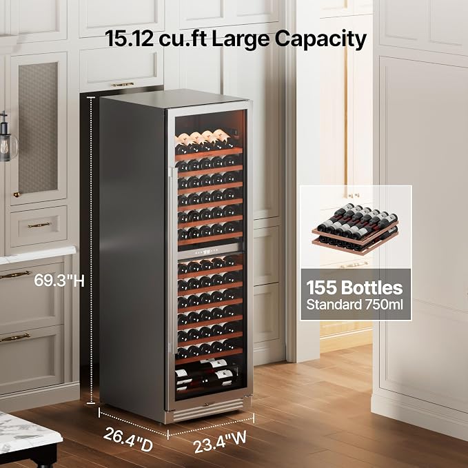 Ca'Lefort 24 Inch Dual Zone Wine Fridge, 155 Bottle Built-In Wine Cooler | 69-Inch Tall Wine Cellar, Quiet Inverter Compressor, 40-65°F Temperature Control, Display Shelf, Glide-Out Shelves & Drawer - Image 2