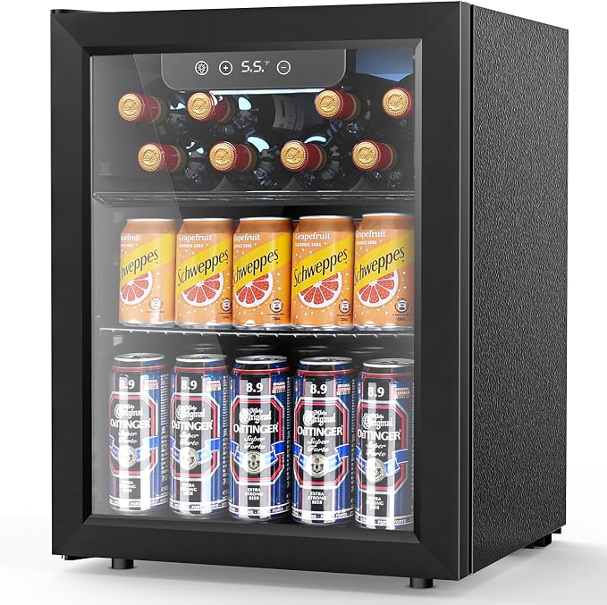 COWSAR Mini Fridge Cooler, 16 Bottle 68 Can Beverage Refrigerator with Glass Door for Wine Beer Soda, Wine Fridge with Touch Control Panel, Wire Shelving for Home Office Bar, 1.7 Cu. Ft by COWSAR