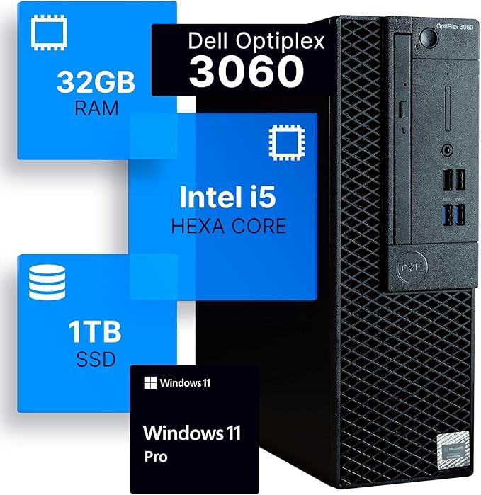 Dell Optiplex 3060 Desktop Computer | Intel i5-8500 (3.2) | 32GB DDR4 RAM | 1TB SSD Solid State | Built in WiFi | Bluetooth | Windows 11 Professional | Home or Office PC (Renewed) | Desktop Computer PC,I5 up to 4.1GHz,Built in WiFi,BT,Windows 11 Pro 64... by Amazon+Renewed