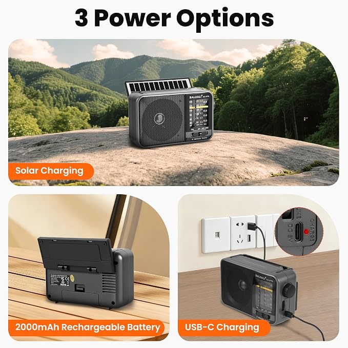 Solar-Powered Portable Radio, AM/FM/SW Radio with Loud Speaker, Built-in Rechargeable Battery and USB-C - Emergency Radio for Outdoor, Camping, Travel, Storms and Power Outages (Model BJL-671-Solar) - Image 3