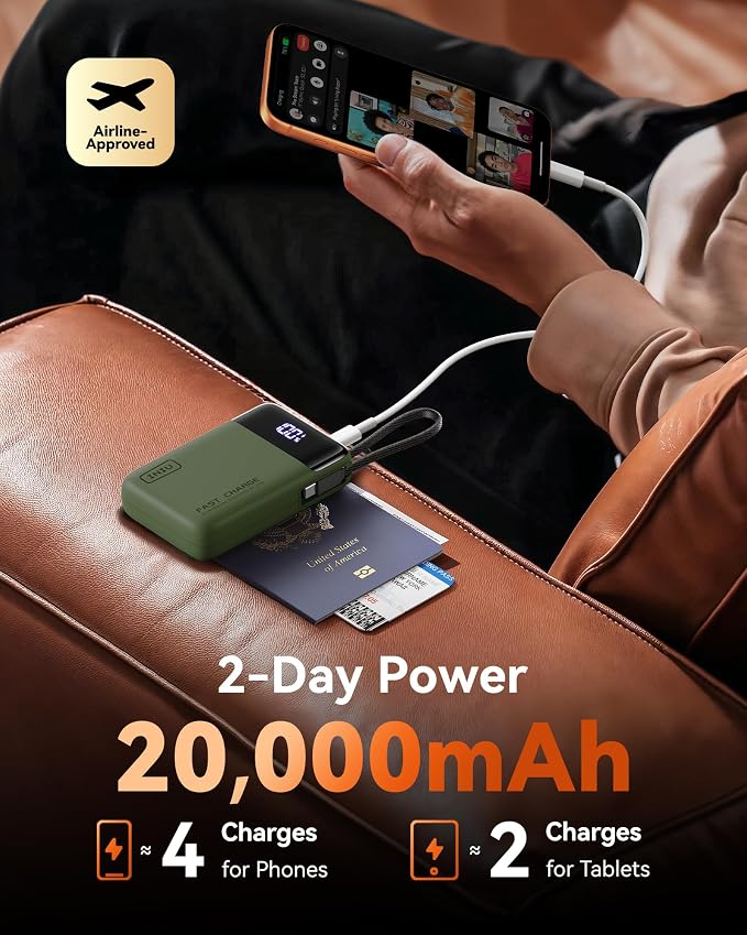 INIU 20000mAh Power Bank, Small Portable Charger, 45W PD Fast Charging Battery Pack with Build in USB-C Cable, Travel Phone Charger for iPhone 17 16 15 14 Air Samsung S25 S24 Google iPad Xiaomi, Green - Image 5